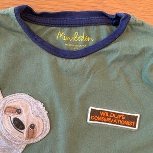 Mini Boden Green long sleeve Tee with Navy striped sleeves and Sloth